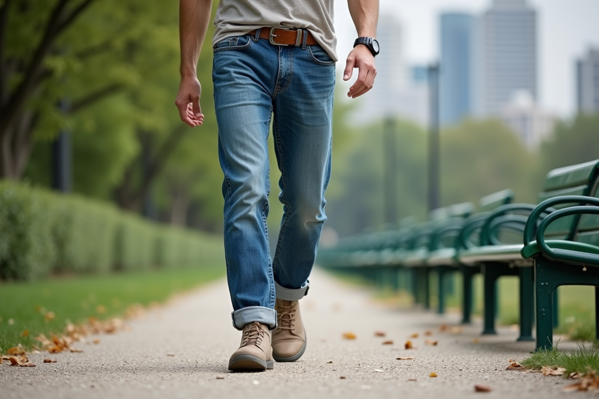 Jeune homme marche dans un parc urbain avec chaussures confortables