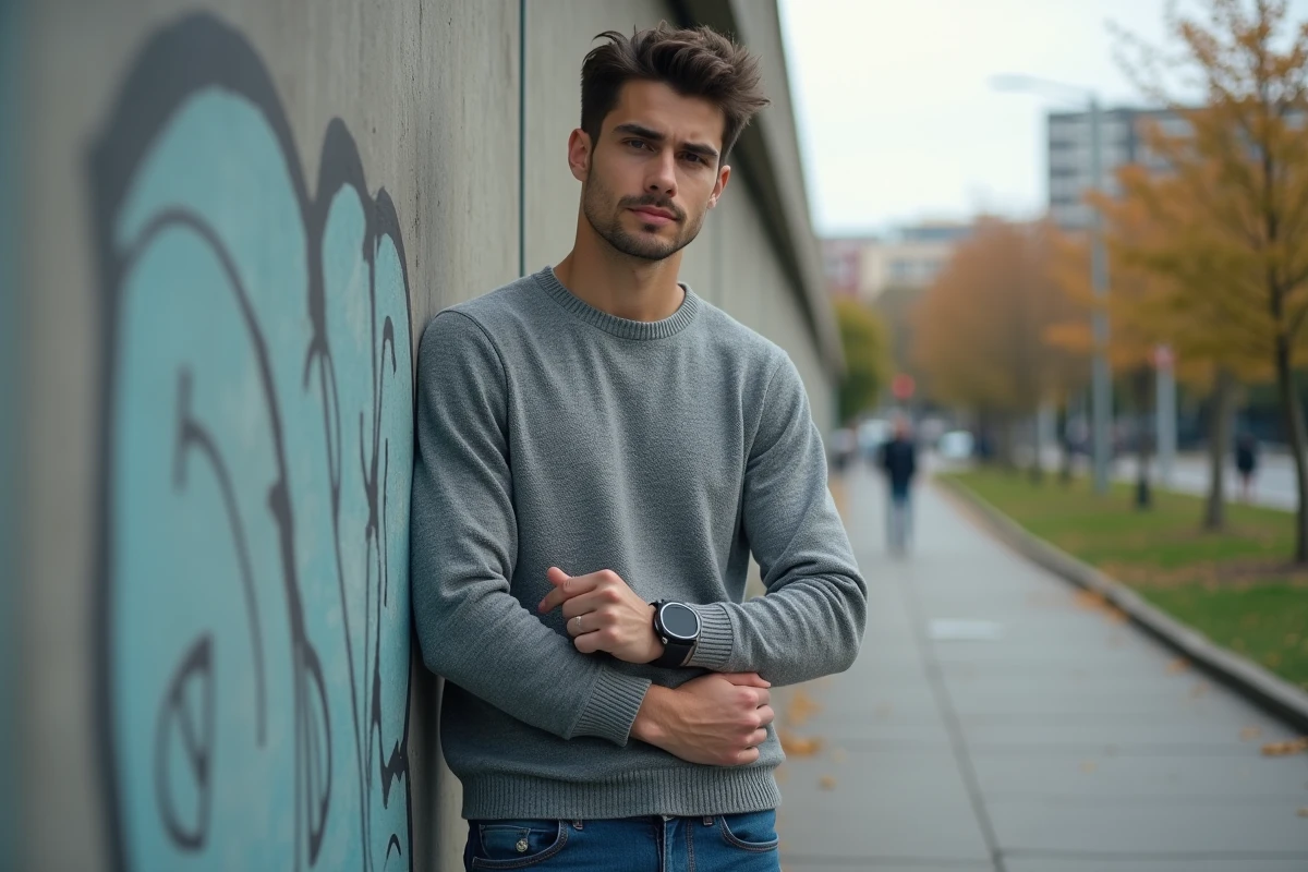 Jeune homme portant une montre en acier dans un décor urbain