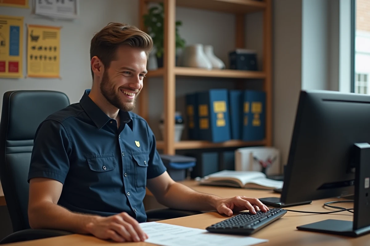 Jeune employe La Poste souriant au bureau