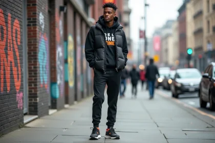 Jeune homme urbain en streetwear avec sneakers colorés