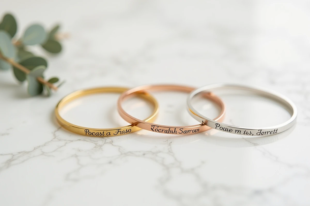 Trois joncs personnalisés en or jaune or rose et argent gravés de prénoms pour baptême ou naissance