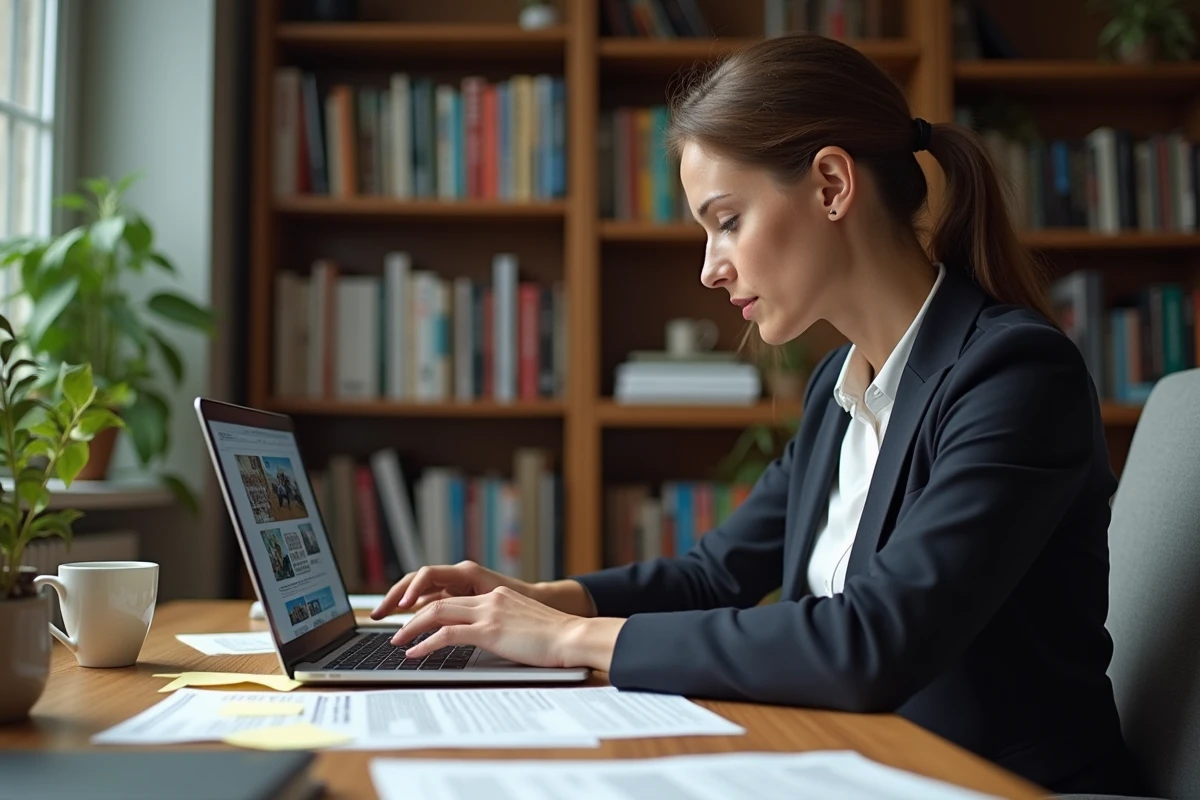 Journaliste indépendante analysant un site d'information alternatif sur son ordinateur portable dans un bureau moderne
