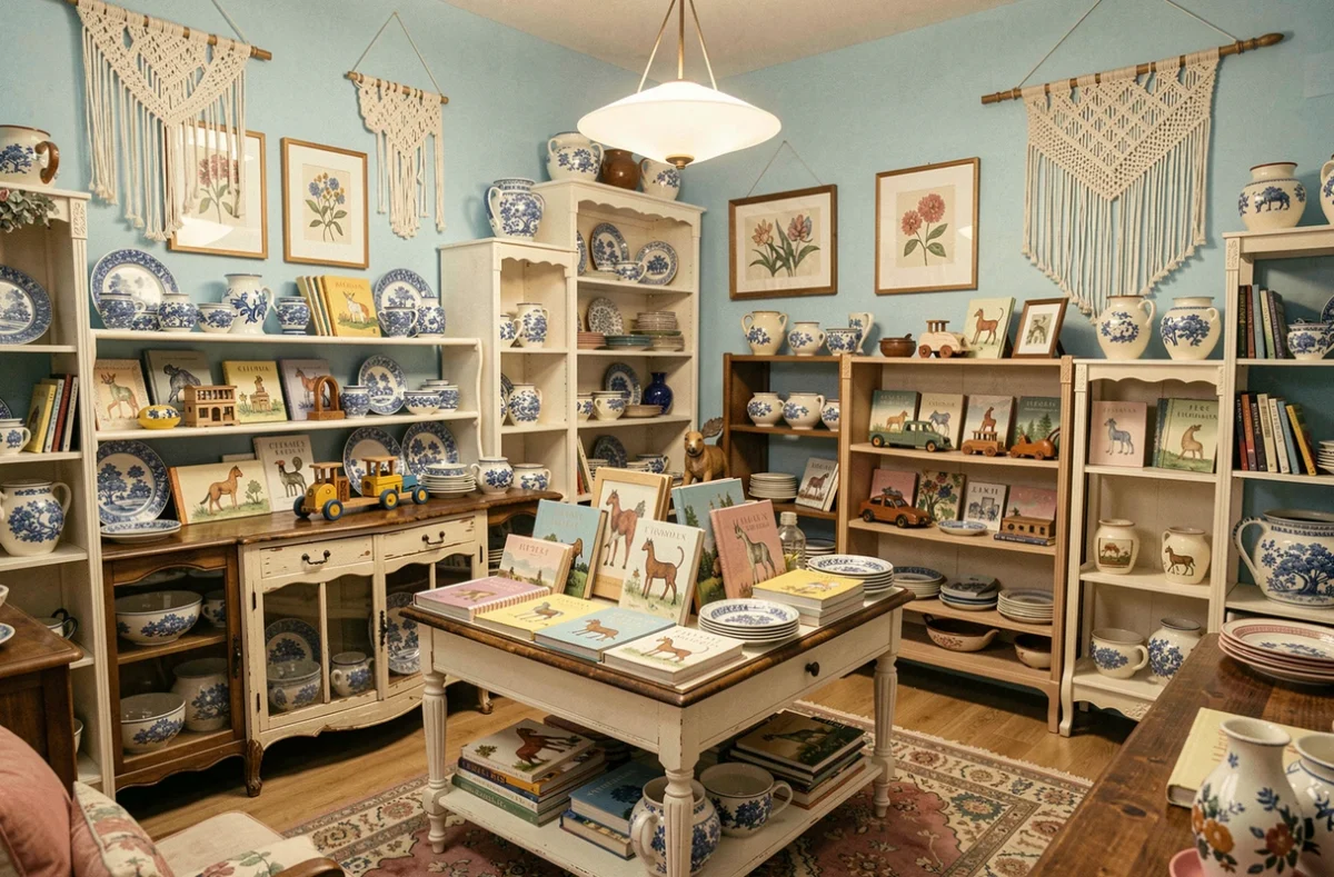 L'Âne Bleu, boutique de décoration fantaisiste avec des céramiques bleues, des jouets en bois peints à la main et des objets de curiosité vintage dans un espace aux allures de brocante poétique.