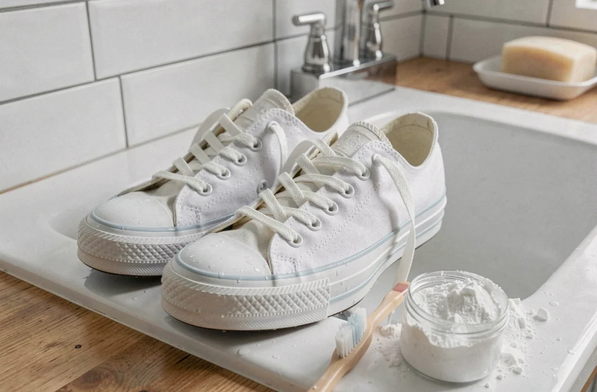 Paire de Converse blanches posées dans un évier de cuisine avec une brosse à dents et du bicarbonate de soude pour le nettoyage