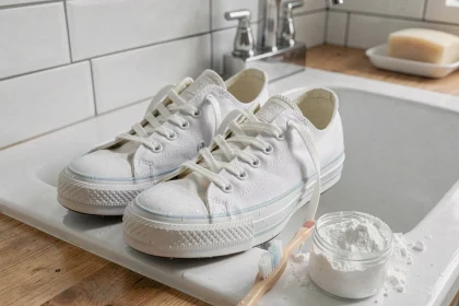 Paire de Converse blanches posées dans un évier de cuisine avec une brosse à dents et du bicarbonate de soude pour le nettoyage