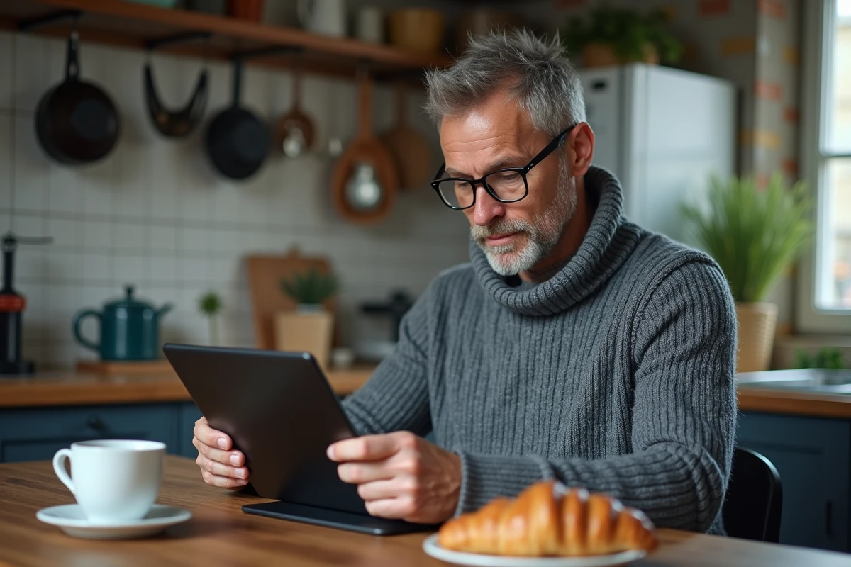 Homme d'âge moyen lisant un média indépendant sur sa tablette dans une cuisine française authentique