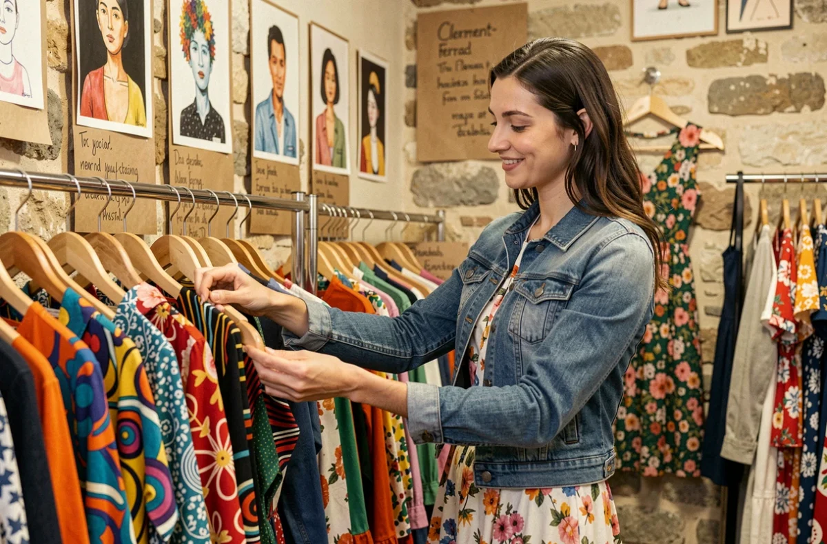 Femme parcourant les robes colorées d'une boutique indépendante Les Culottées à Clermont-Ferrand