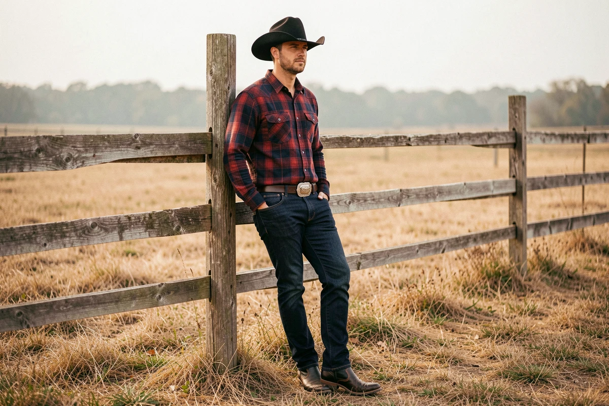 Homme en look country concert avec chapeau noir, chemise flanelle à carreaux, ceinture boucle rodéo et bottes cowboy noir et brun appuyé contre une clôture en bois