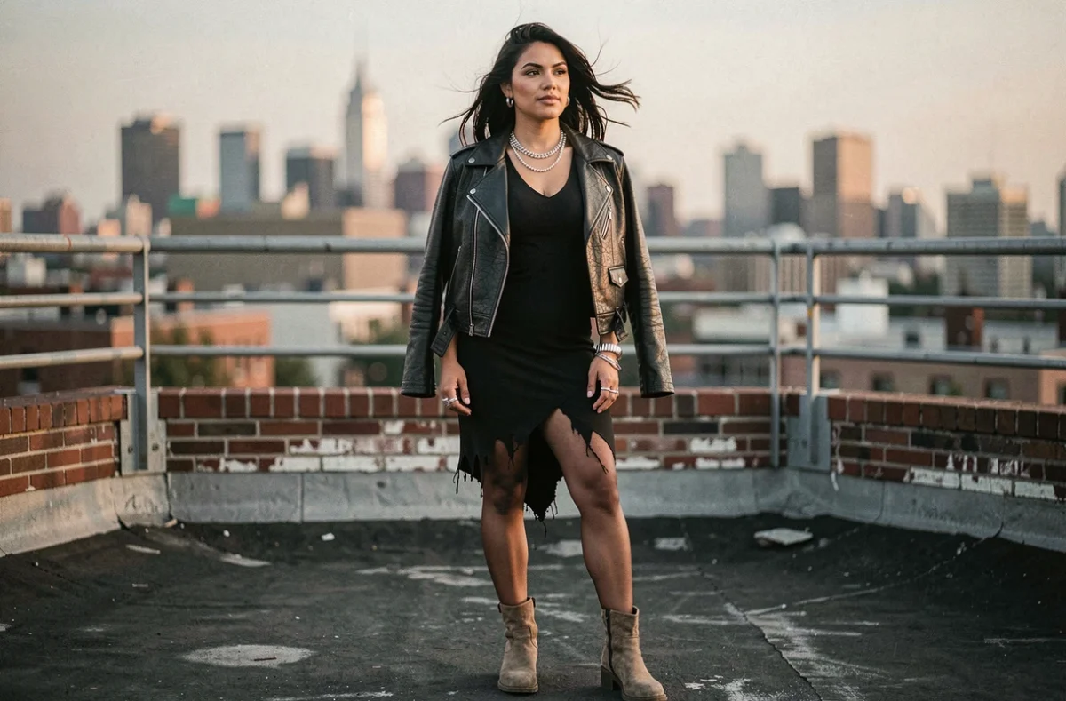 Femme en robe rock transformée avec veste moto et bottines sur un rooftop urbain pour une soirée à thème