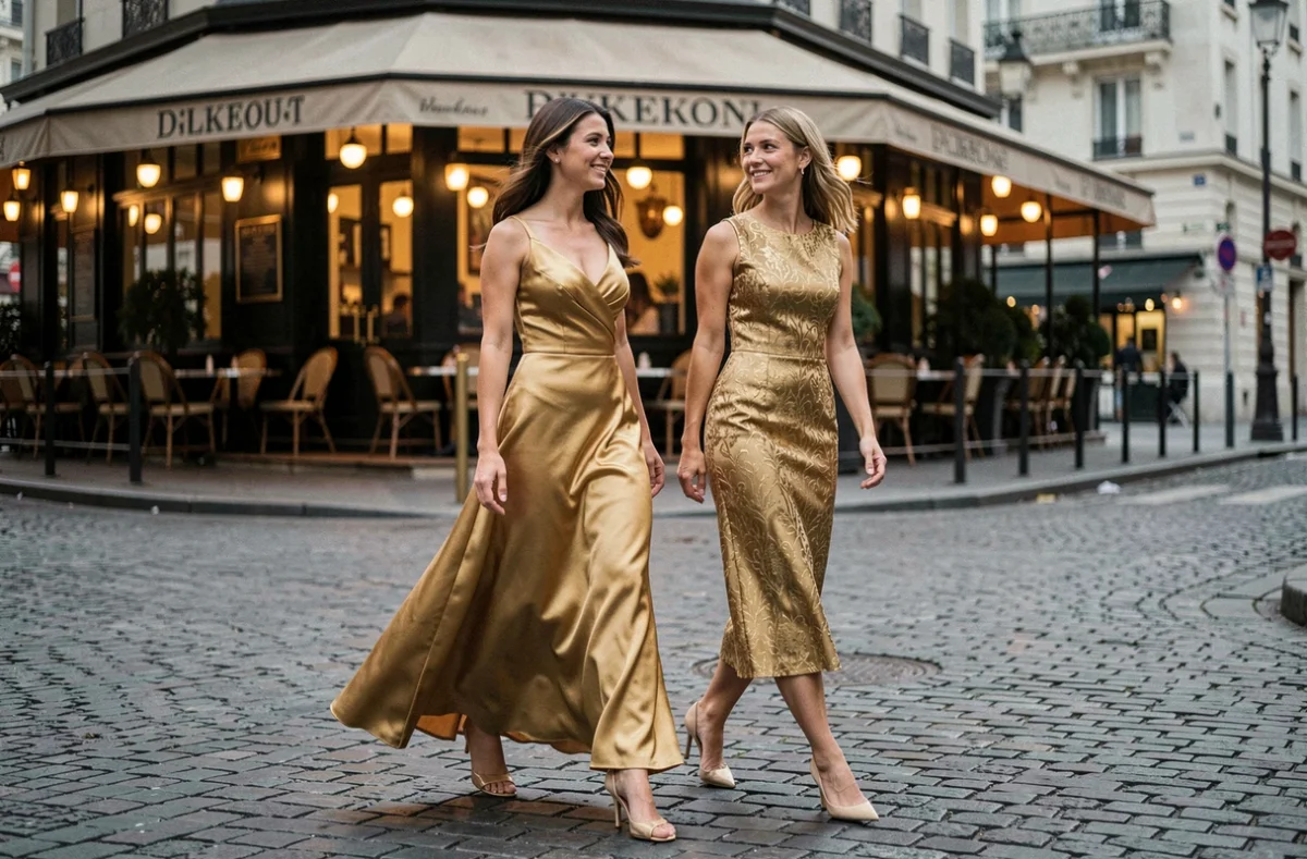 Deux femmes portant des robes de soirée dorées élégantes et accessibles marchant dans une rue pavée parisienne au crépuscule