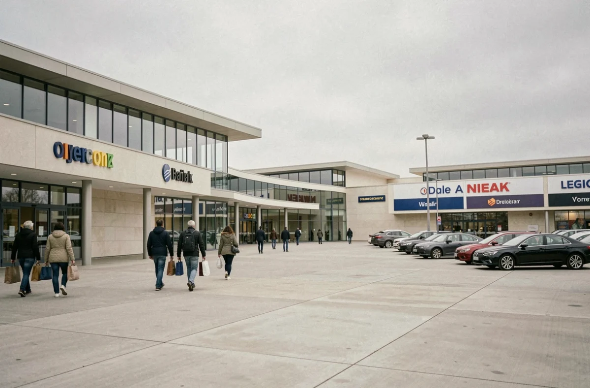 Vue extérieure du centre commercial Macarthur Miramas avec parking et enseignes des boutiques