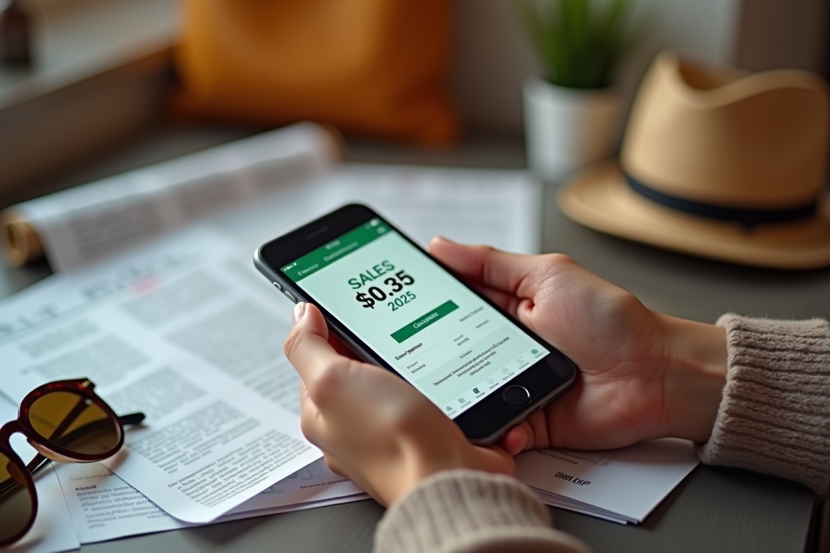 Mains tenant un smartphone avec coupon de vente 2025