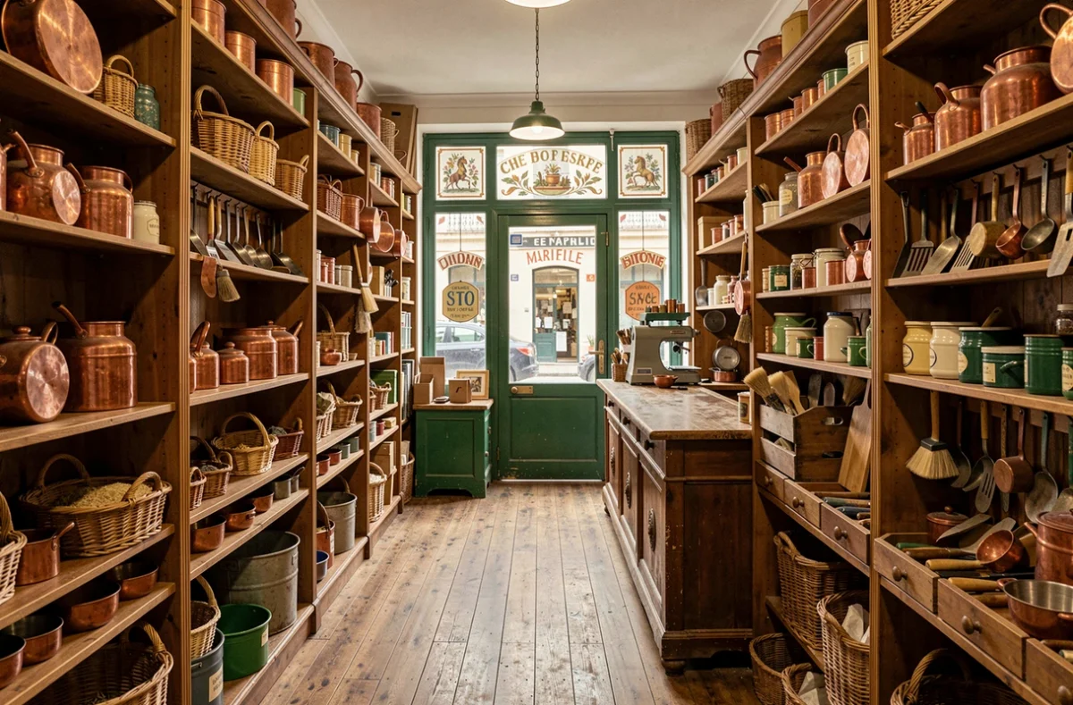 L'intérieur emblématique de la Maison Empereur à Marseille avec ses rayonnages en bois centenaires chargés d'ustensiles en cuivre, de paniers en osier et d'articles ménagers artisanaux.