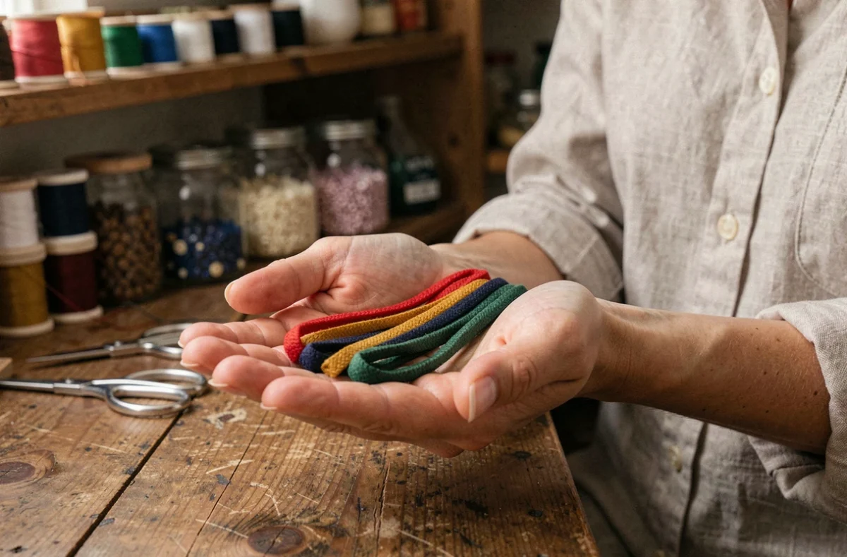 Femme tenant des cordelettes en coton ciré colorées pour fabriquer un bracelet fait maison