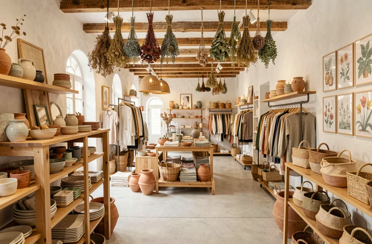 Intérieur d'un concept store tendance dans les Bouches-du-Rhône avec des objets artisanaux, des céramiques et des créations locales exposées dans un espace ouvert aux murs blancs.