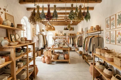 Intérieur d'un concept store tendance dans les Bouches-du-Rhône avec des objets artisanaux, des céramiques et des créations locales exposées dans un espace ouvert aux murs blancs.