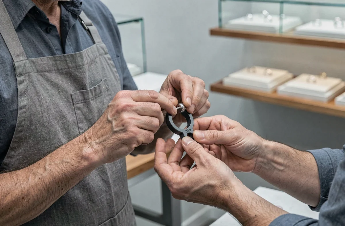 Bijoutier mesurant la taille d'un doigt masculin avec un outil de mesure pour chevalière en argent