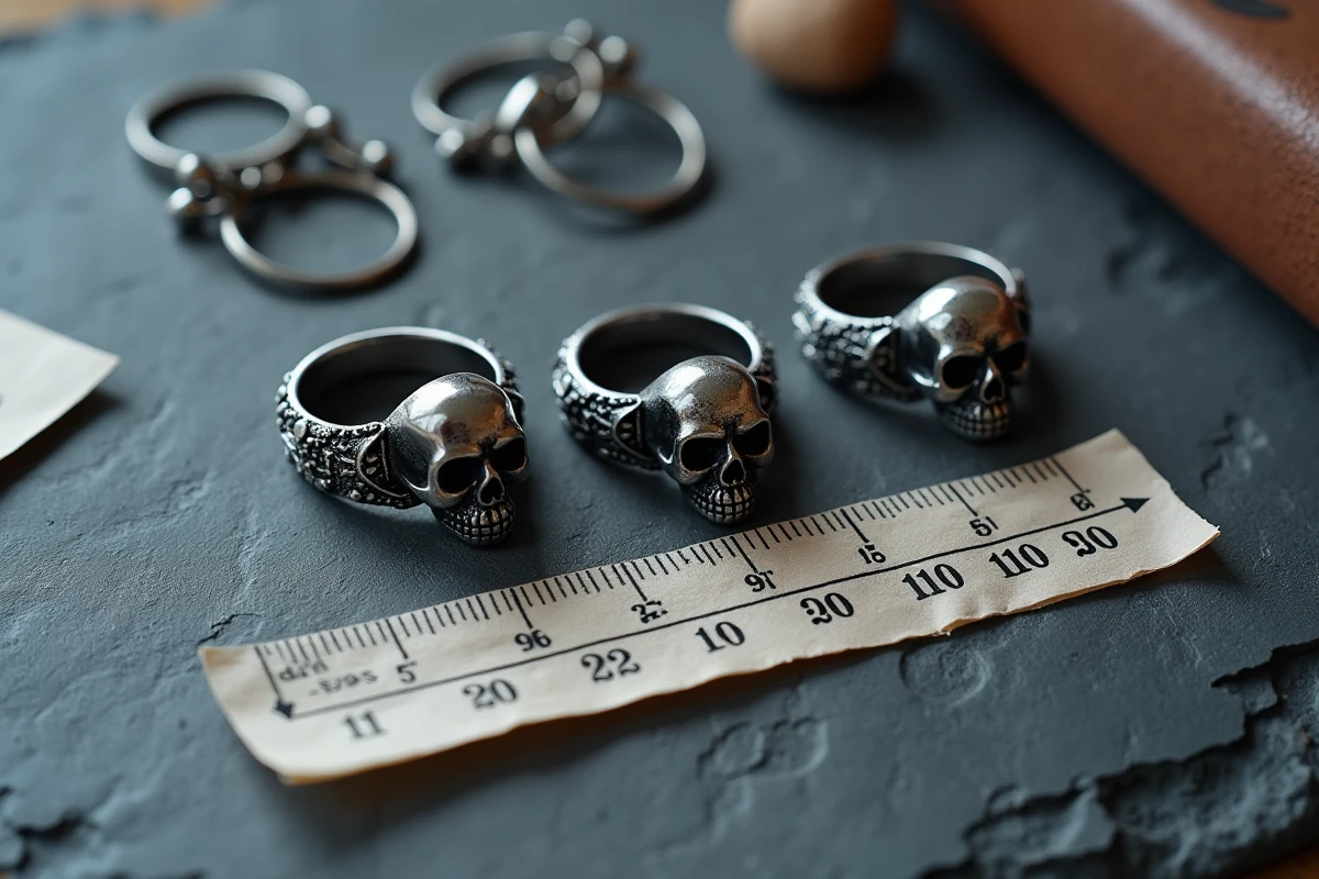 Méthode de mesure de taille de bague tête de mort avec jauge de taille et bandes papier sur ardoise