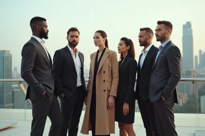 Groupe de mannequins élégants sur un rooftop urbain