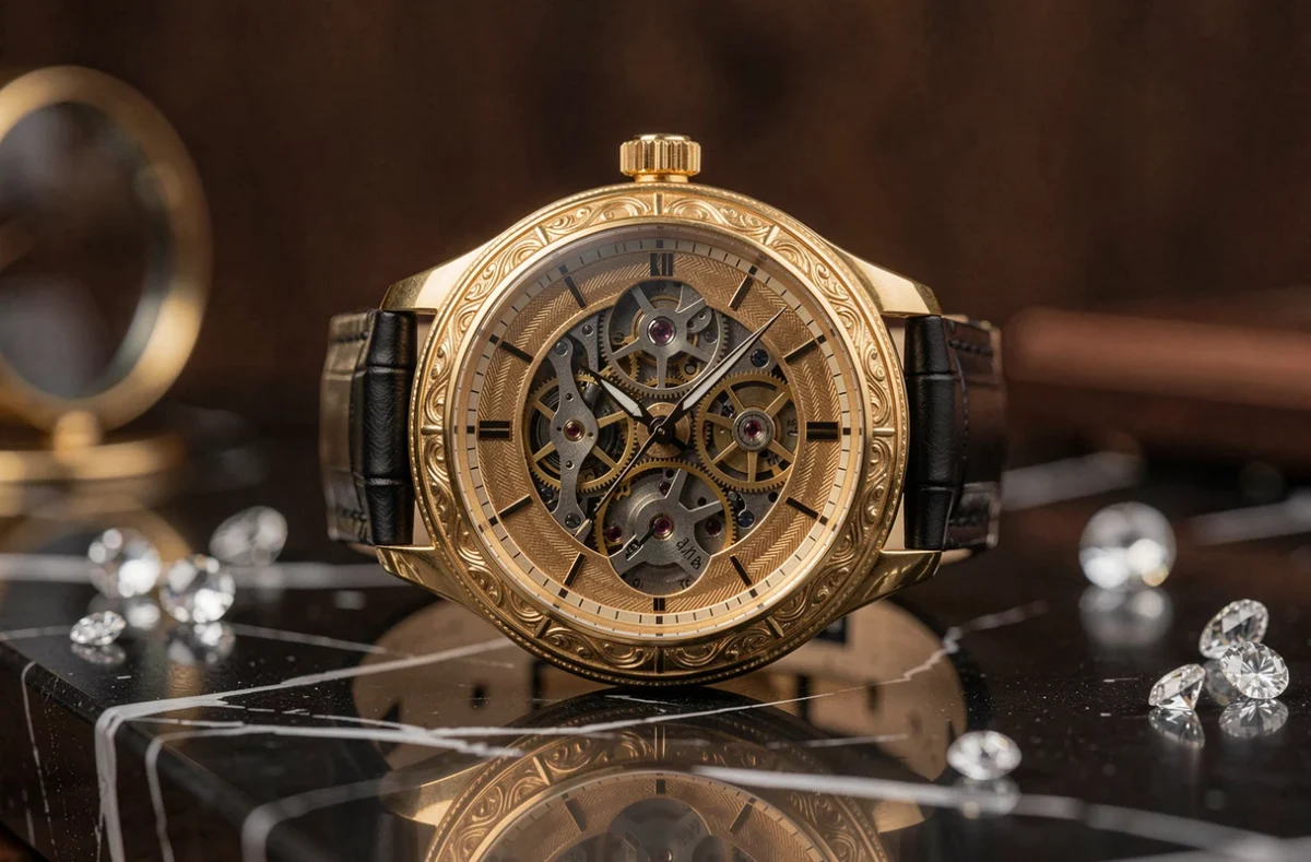Montre de luxe squelette en or sur marbre noir avec mouvement mécanique visible et pavé de diamants