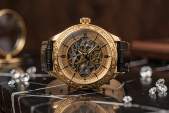 Montre de luxe squelette en or sur marbre noir avec mouvement mécanique visible et pavé de diamants
