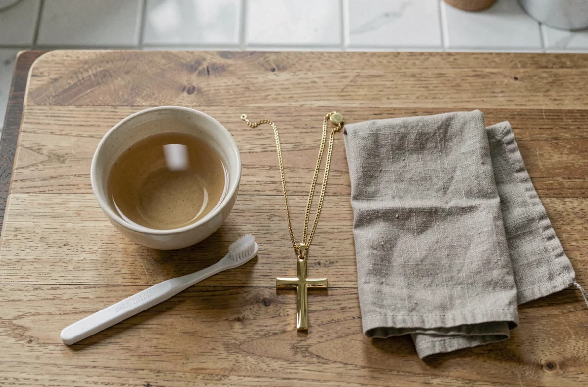 Matériel pour nettoyer une croix en or à domicile, brosse douce et eau tiède