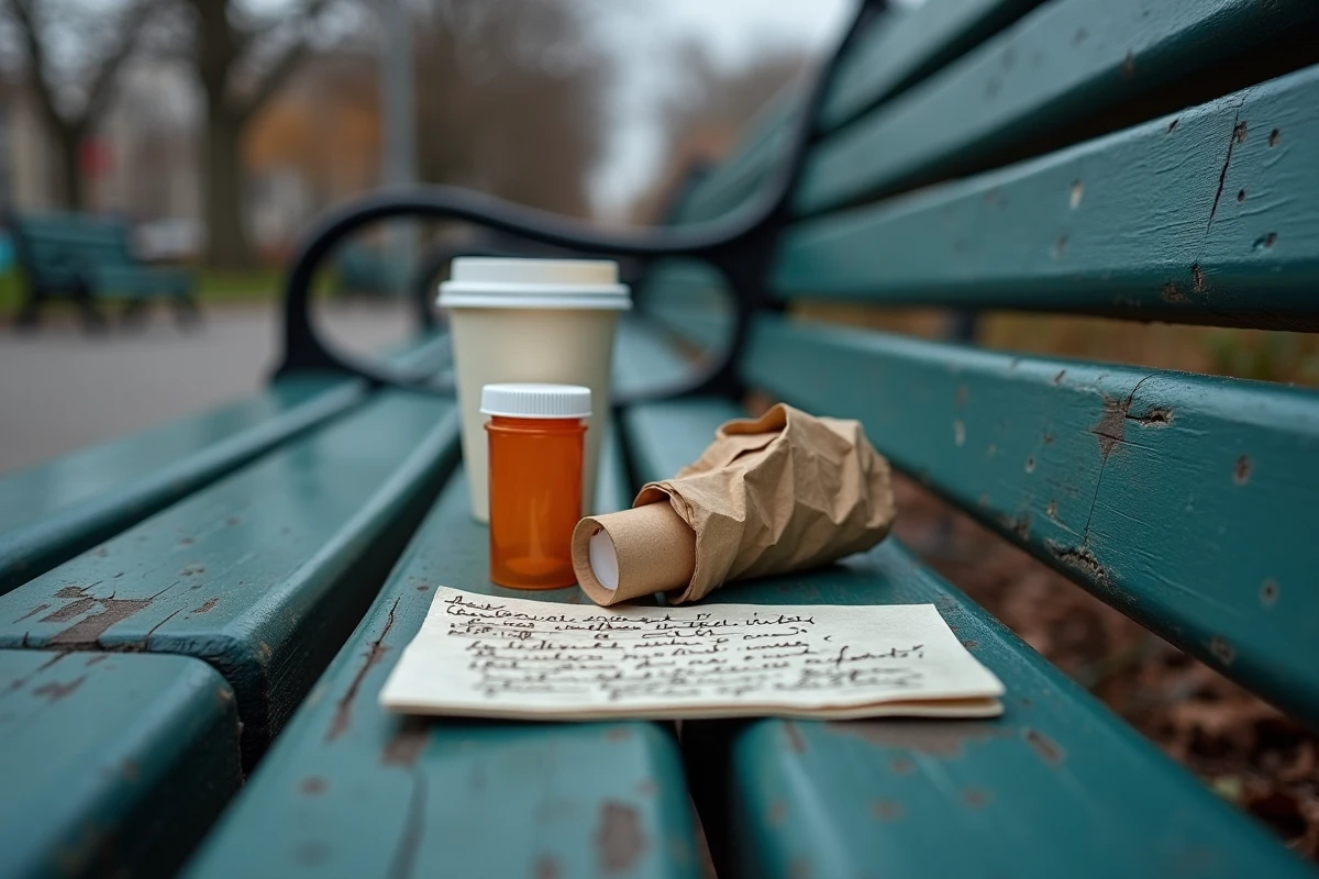 Objets personnels abandonnés sur un banc de parc urbain évoquant la précarité, l'addiction et la vie à la rue
