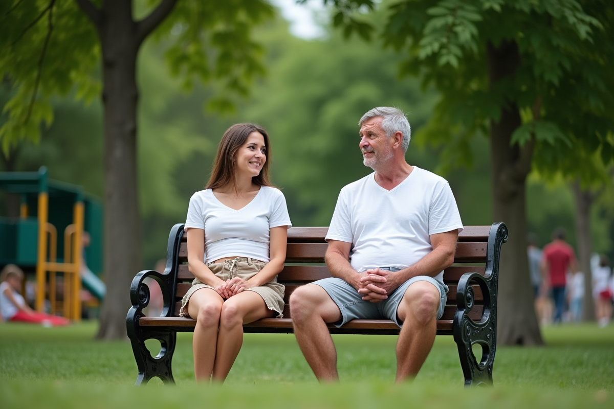 Homme et femme assis sur un banc dans un parc public