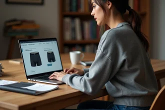 Femme configurant une commande de boxers personnalisés en ligne sur un ordinateur portable avec des échantillons de tissu et un mètre ruban sur le bureau