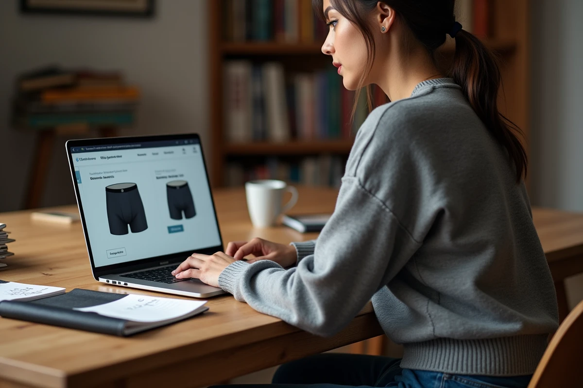 Femme configurant une commande de boxers personnalisés en ligne sur un ordinateur portable avec des échantillons de tissu et un mètre ruban sur le bureau