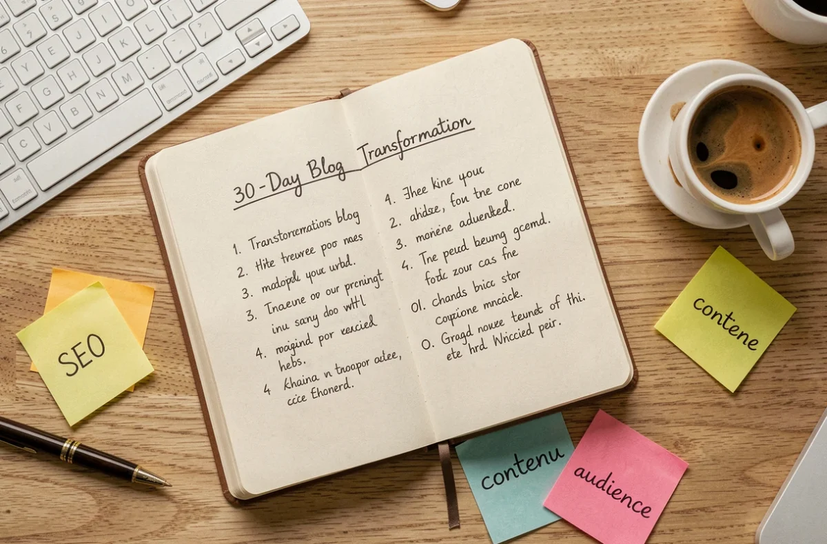Vue aérienne d'un plan de transformation de blog sur 30 jours avec notes, clavier et carnet sur un bureau en bois