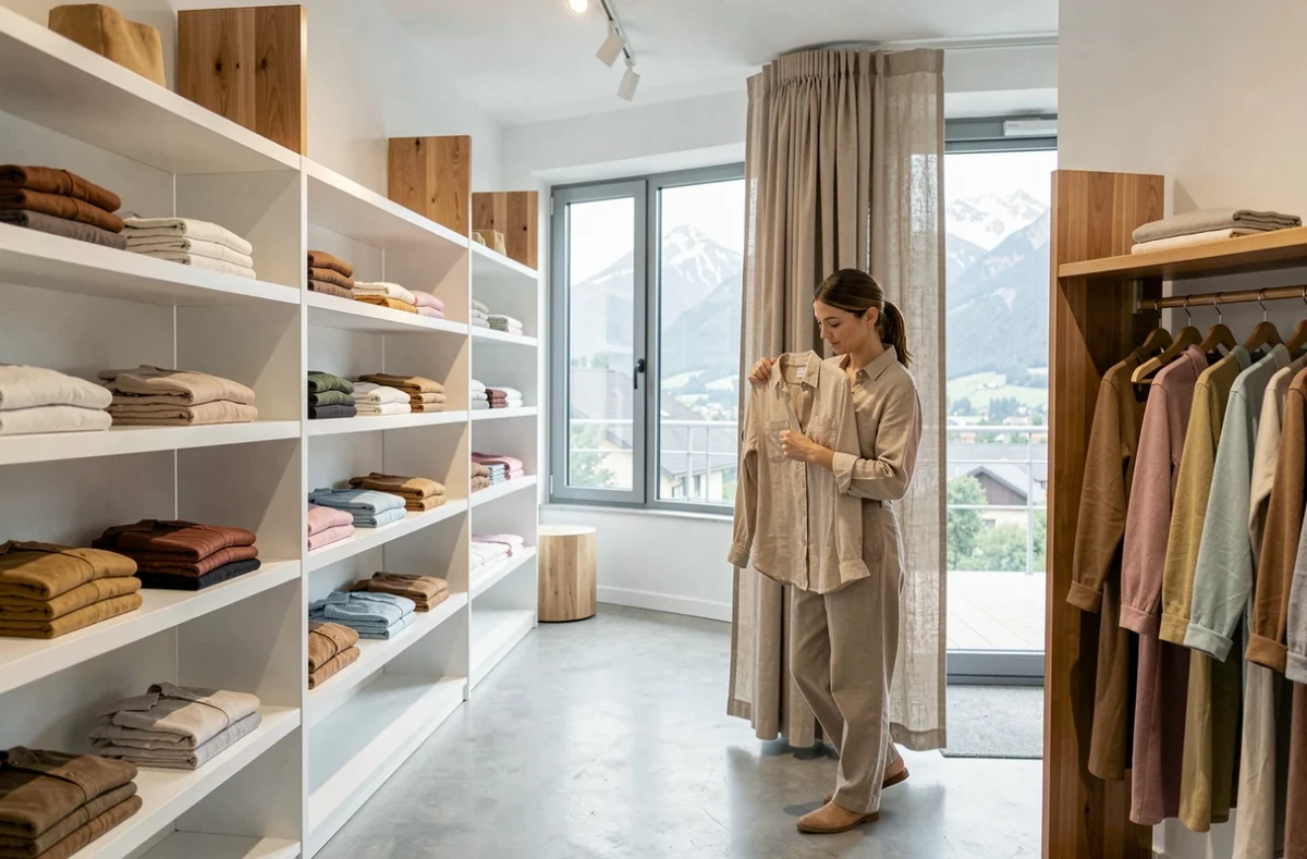 Intérieur épuré de la boutique Ploussu à Grenoble avec des vêtements en matières naturelles