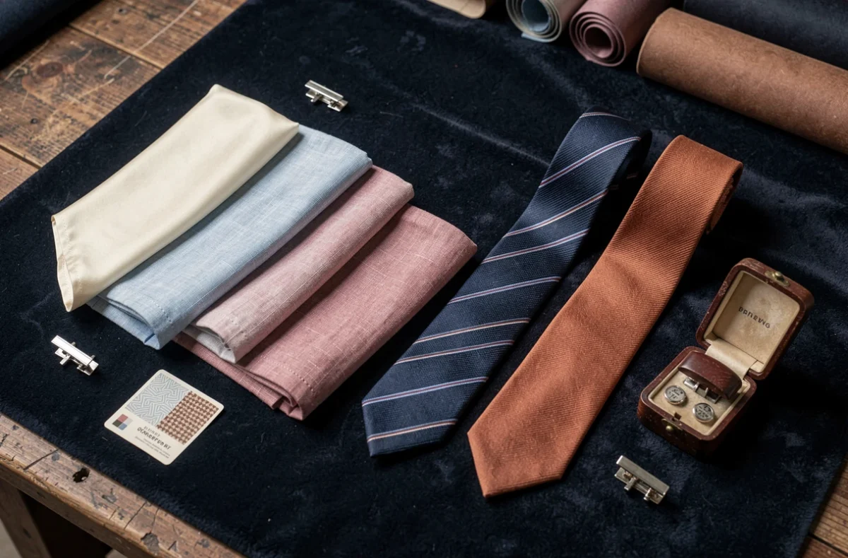 Assortiment de pochettes et cravates pour costume homme disposées en flat lay sur velours marine dans un atelier de tailleur