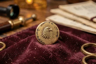 Macro d'un poinçon or ancien sur une broche en or du XIXe siècle posée sur du velours bordeaux