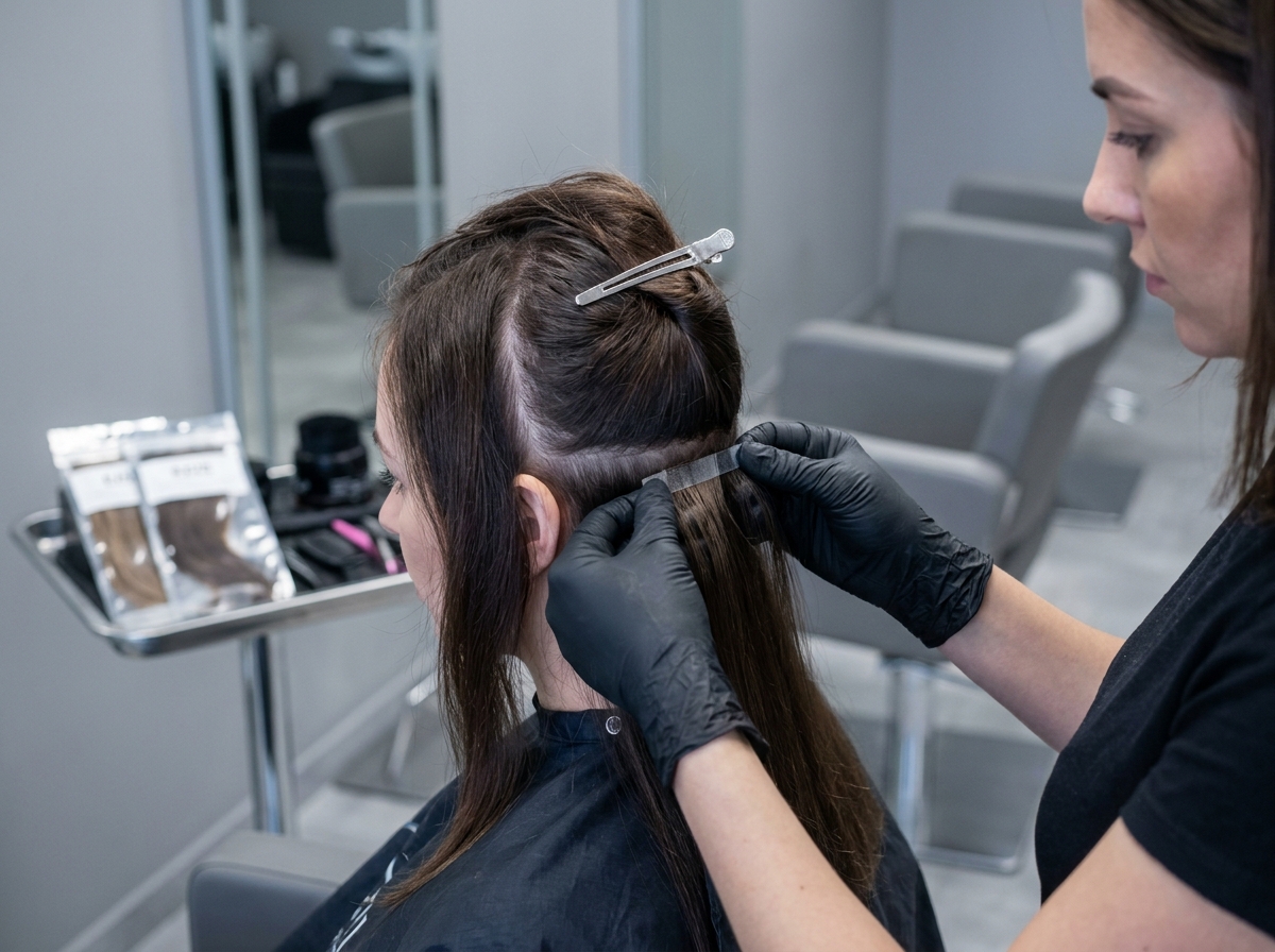 Coiffeuse professionnelle appliquant des extensions adhésives sur cheveux fins en salon