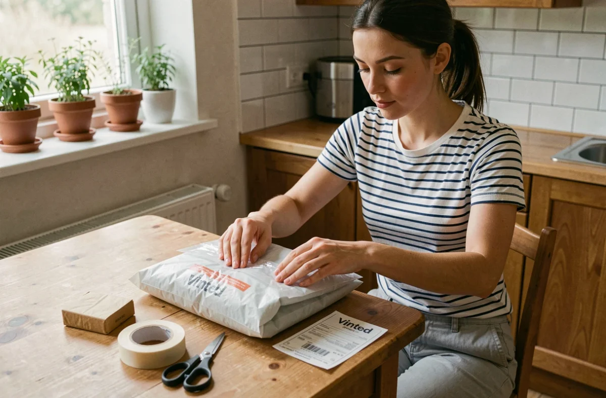 Jeune femme préparant un colis Vinted chez elle avant un envoi via un point relais