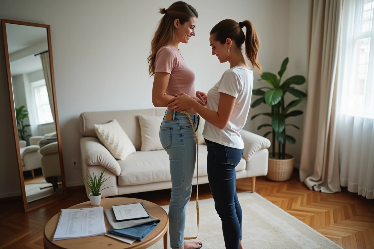 Séance de prise de mesures à domicile entre une couturière et sa cliente pour une création sur mesure