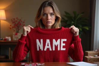 Femme inspectant un pull de Noël personnalisé avec une impression de nom mal alignée et déformée
