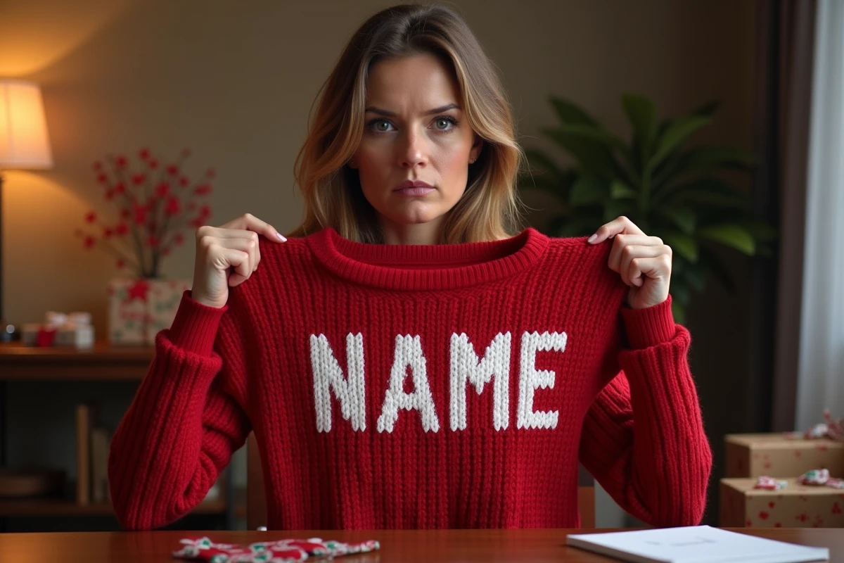 Femme inspectant un pull de Noël personnalisé avec une impression de nom mal alignée et déformée