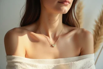 Femme portant un ras de cou en or avec pendentif cœur sur un haut en maille ivoire, prise de vue portrait en gros plan