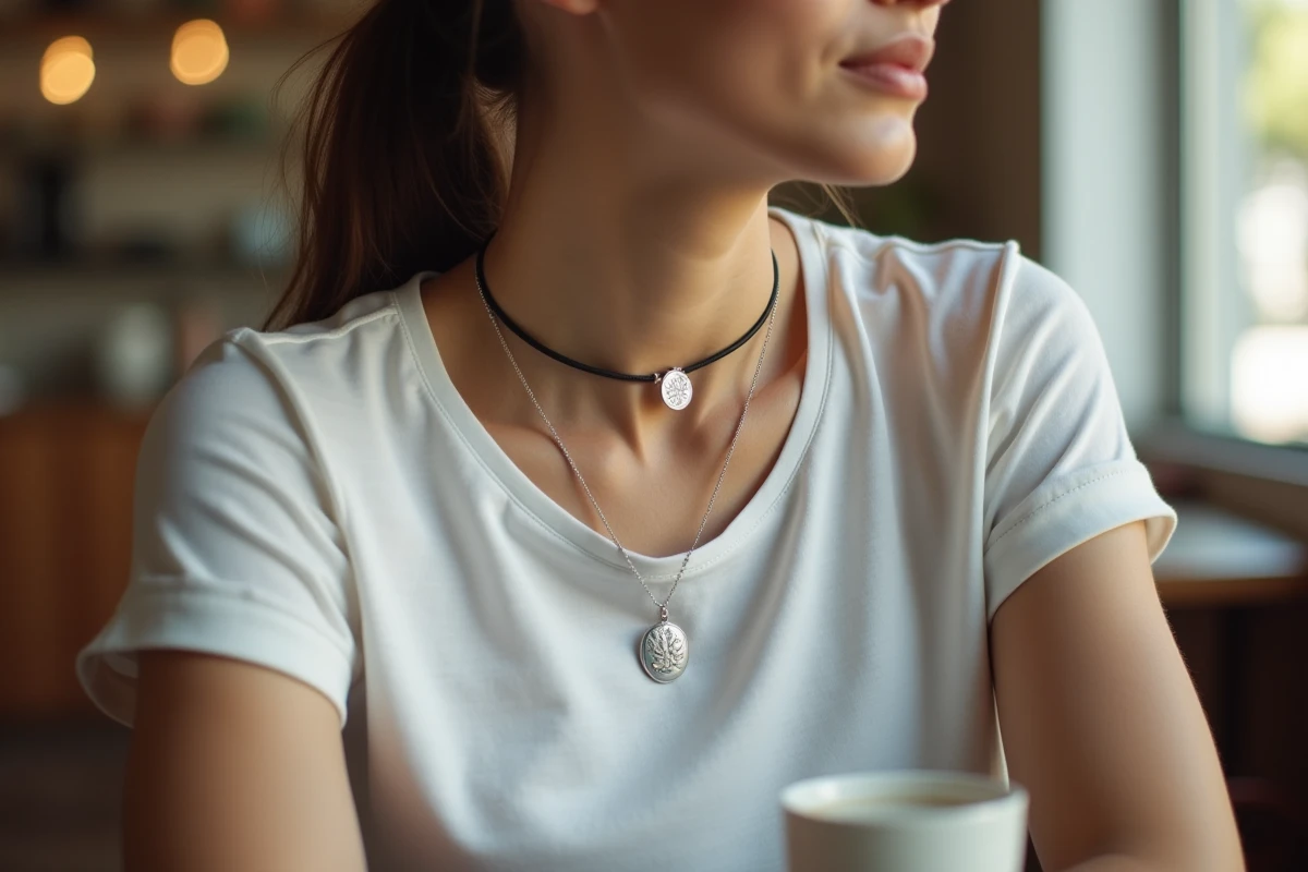 Femme assise dans un café portant un ras de cou argent avec pendentif médaille gravée, prise de vue trois quarts
