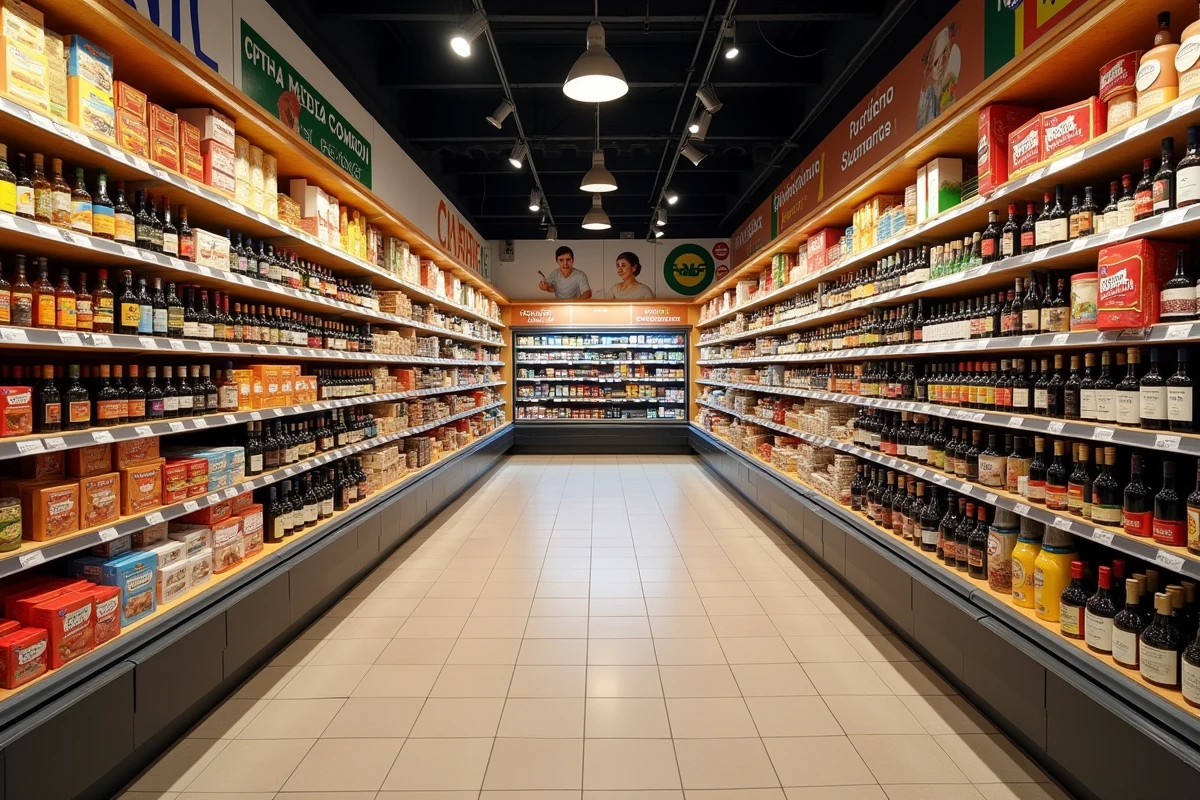 Rayons bien garnis du magasin Dancharia avec produits espagnols et français en abondance