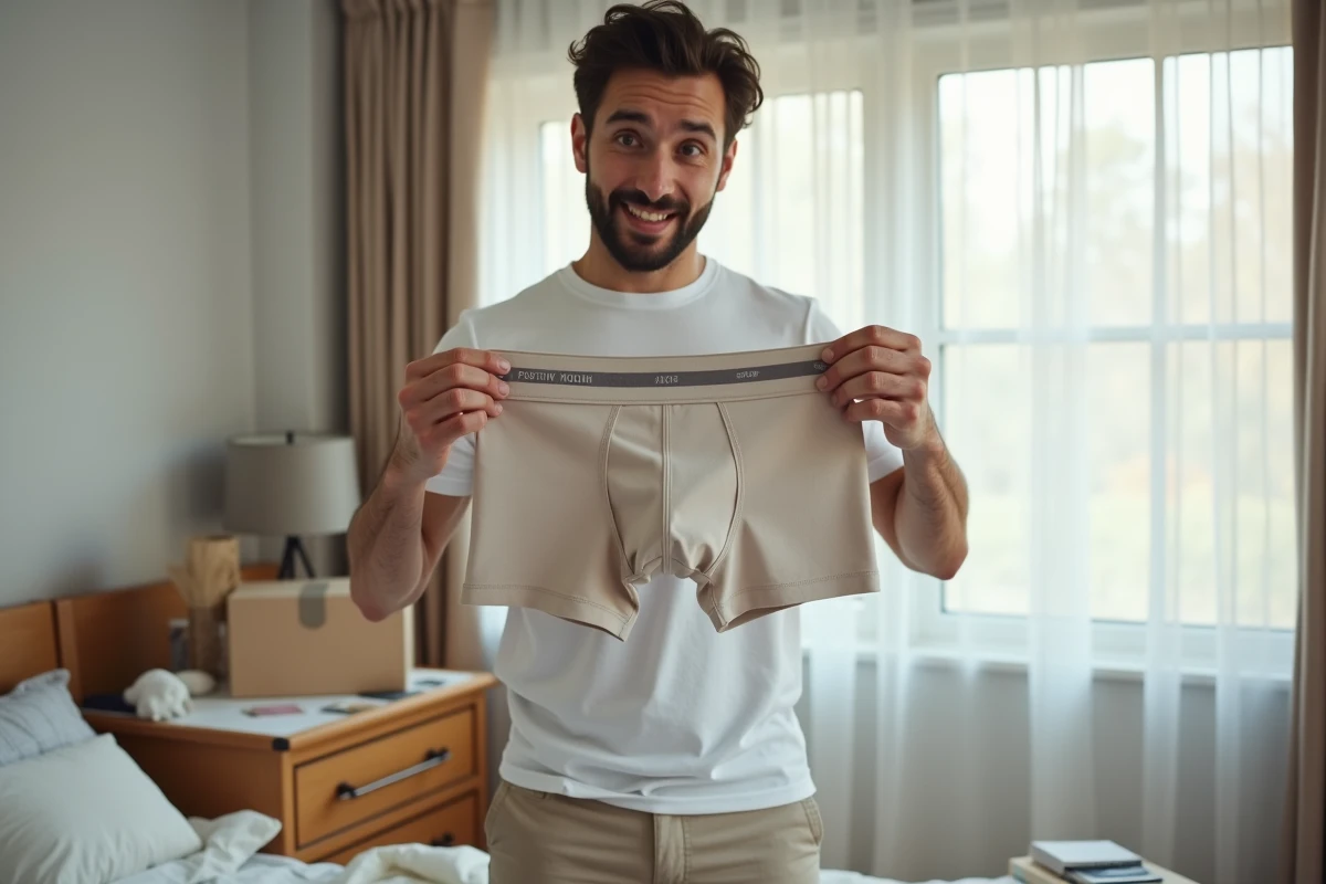 Homme inspectant une paire de boxers personnalisés reçus par colis avec emballage ouvert et bon de livraison visible
