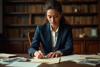 Femme consultant des archives biographiques dans une bibliothèque de recherche