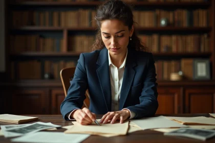 Femme consultant des archives biographiques dans une bibliothèque de recherche
