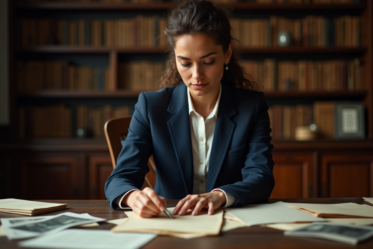 Femme consultant des archives biographiques dans une bibliothèque de recherche