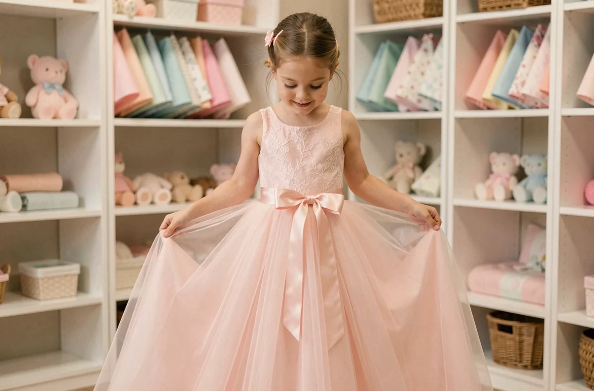 Fillette portant une robe princesse rose à jupe en tulle dans une boutique de vêtements pour enfants