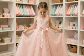 Fillette portant une robe princesse rose à jupe en tulle dans une boutique de vêtements pour enfants