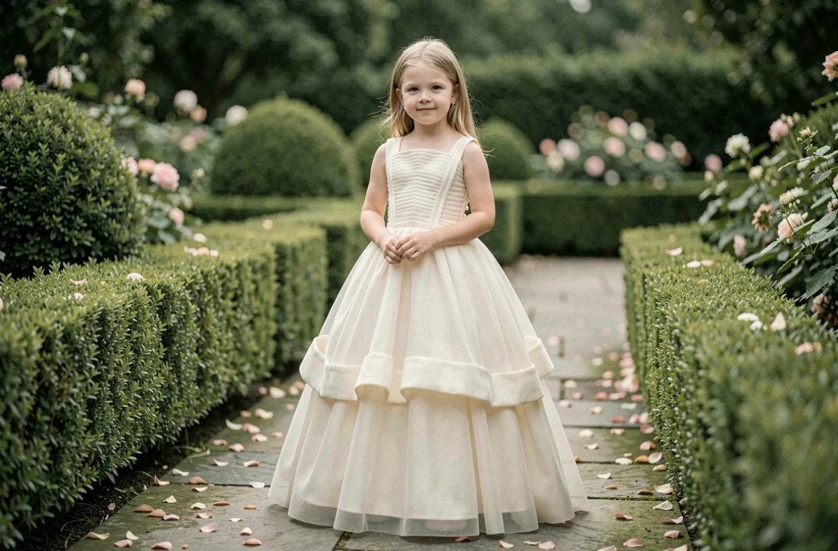Jeune fille en robe de princesse ivoire à taille empire dans un jardin fleuri pour une occasion spéciale