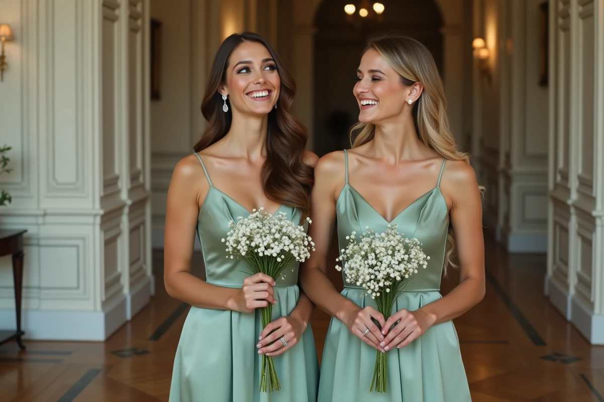Deux demoiselles d'honneur en robes courtes en satin vert sauge dans une salle de réception élégante lors d'un mariage chic